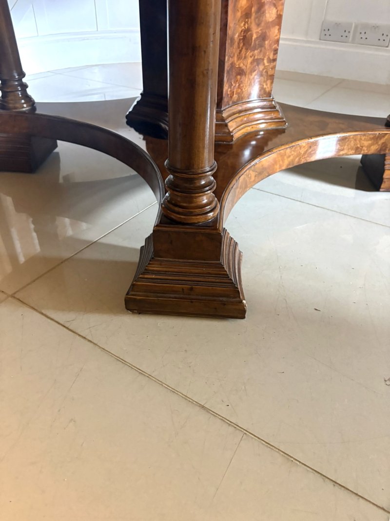 Antique Exceptional Quality Burr Walnut Circular Extending Dining Table Seating 10 with Radial Leaves & Matching Burr Walnut Leaf Holder - Image 8